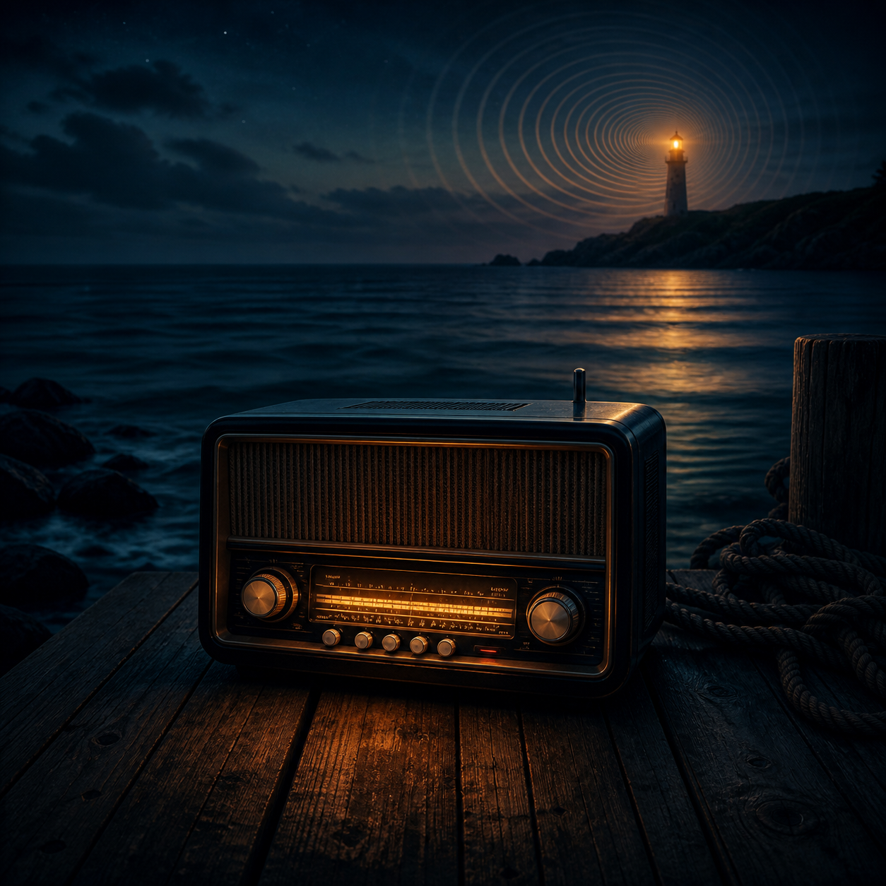 Nocne wybrzeże, latarnia morska i radioodbiornik